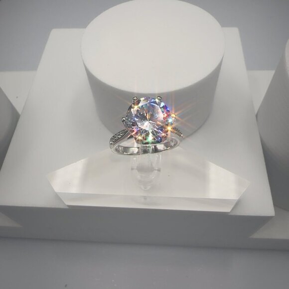 Round Cut Simulated Diamond Engagement Ring With Pave Band In Silver Tone 4CT - Picture 14 of 14